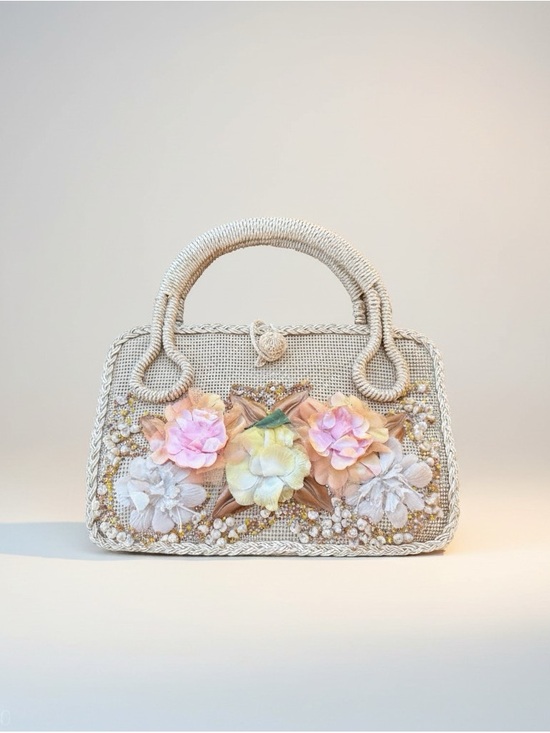 Handbags - Vintage Raffia Straw Handbag Floral Shell Applique Japan 50s 60s